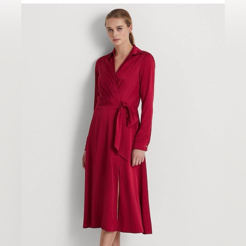 🆕️ Lauren Ralph Lauren Charmeuse Surplice Dress in Classic Red NWT